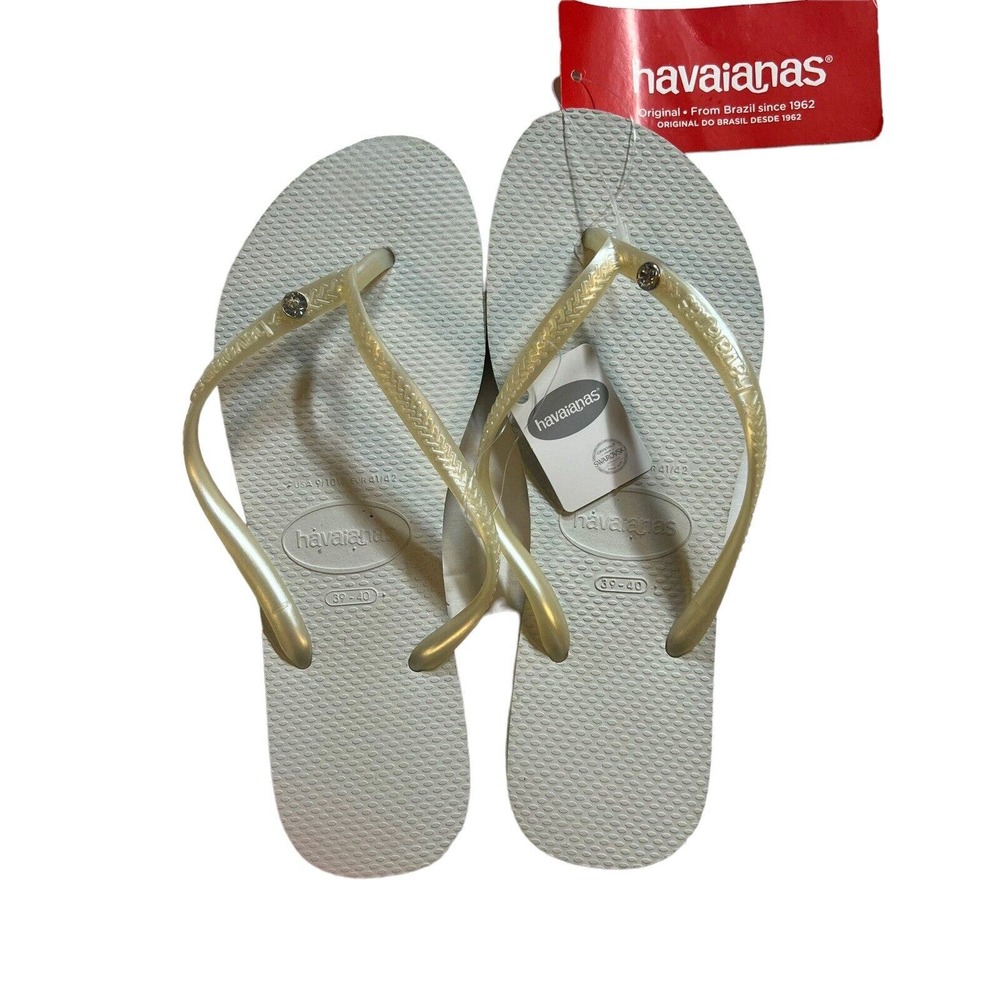 Havaianas White Flip Flops Swarovski Accent‎ Size 6 New